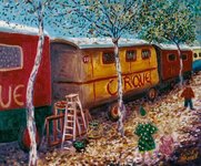 Les roulottes du cirque - huile s/toile - 55x46 - 400 �